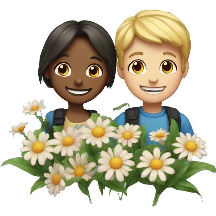 Boy and girl smiling with flowers emoji