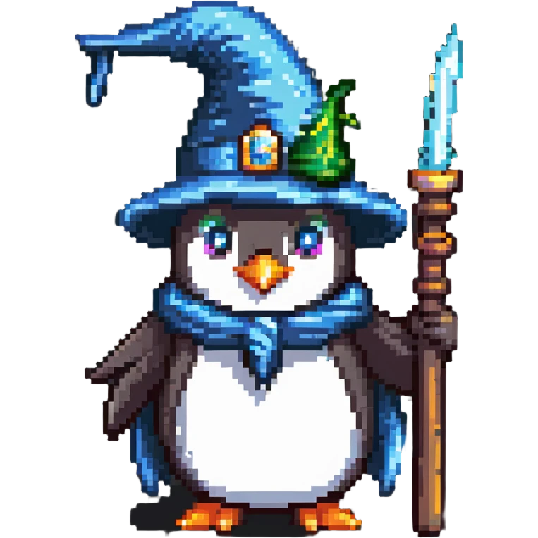 penguin wizard with a staff and wizard hat emoji