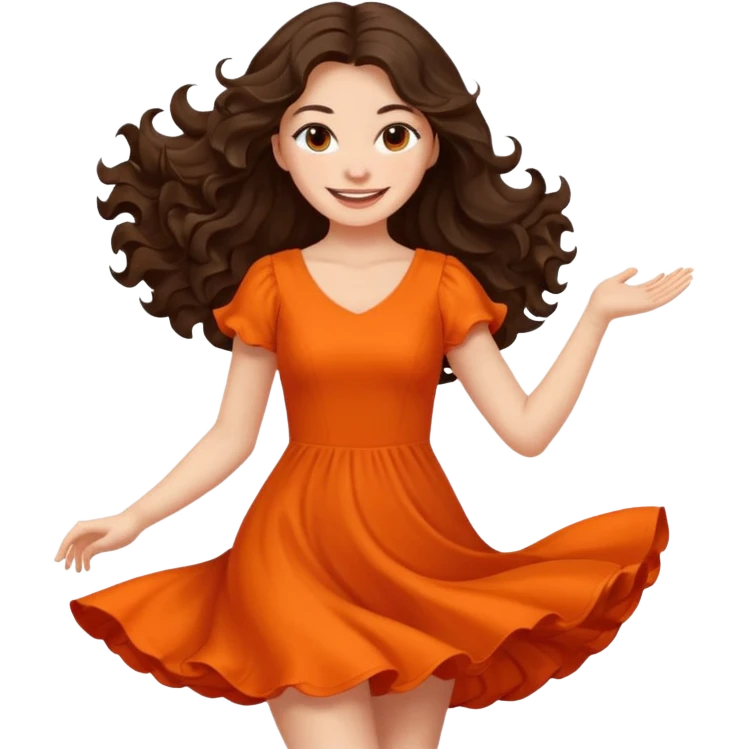 Long dark wavy hair women in orange standing twirling around emoji