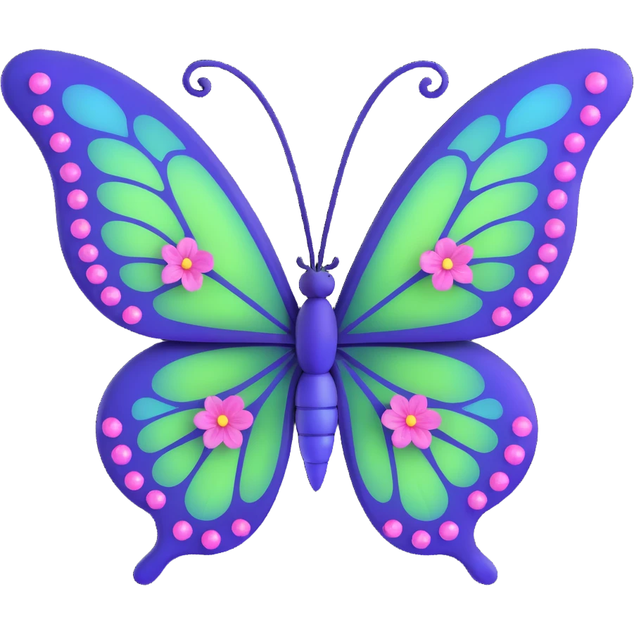 whimsical magical butterfly with vibrant #c0ff53 green wings with purple edges, glowing softly, fine vein patterns, sparkling dust and magical particles, sleek deep blue body, pink flowers on wings, 3D cartoon, elegant, fantastical emoji