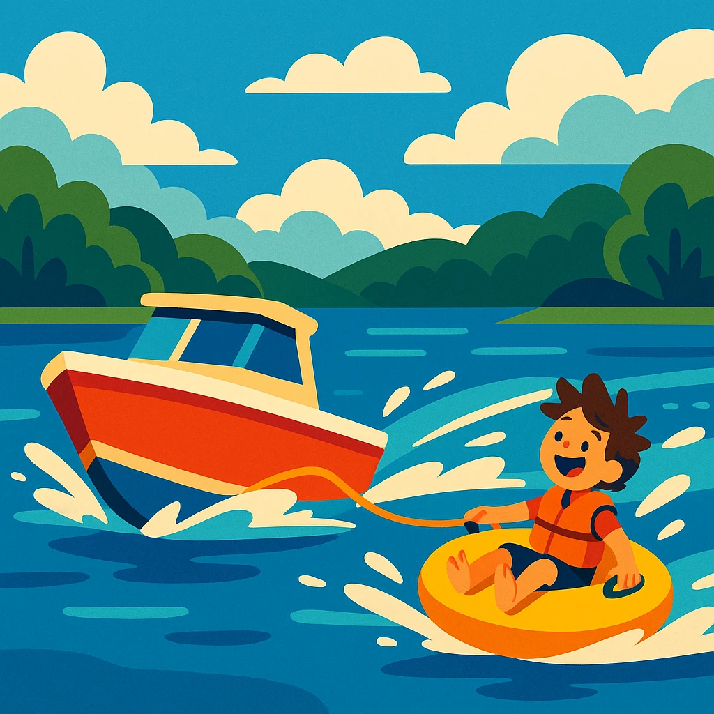 a boat with a rope attached to an inner tube, both moving fast on a lake, playful mood emoji