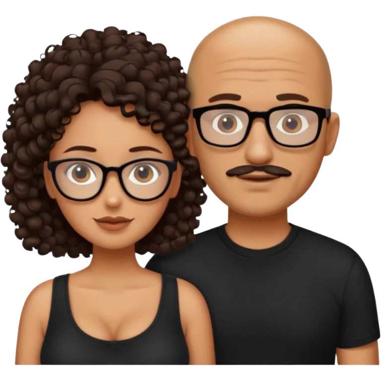 A picture of a tanned couple. the man is a Mexican man with tanned skin, no glasses, a bald hair cut, short beard and wearing a black shirt. the woman is wearing glasses, with long curly dark brown hair and with big boobs  emoji