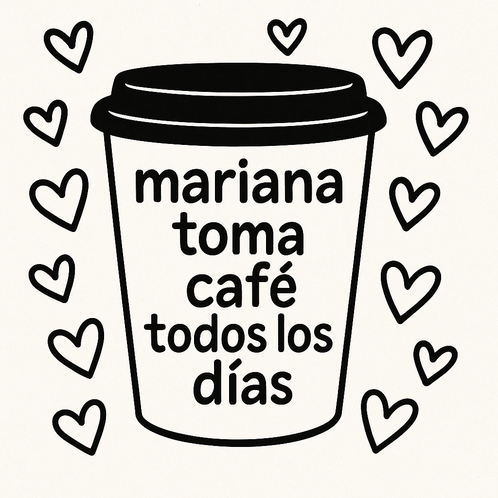 Add hearts around the large coffee cup, keep the phrase 'mariana toma café todos los días'. The original style is doodle style with background. emoji