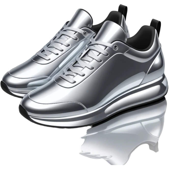 A pair of futuristic sneakers emoji made of silver chrome, sleek streetwear design, smooth metallic panels, subtle reflections, luxury swag aesthetic, iOS emoji style, centered, clean white background emoji