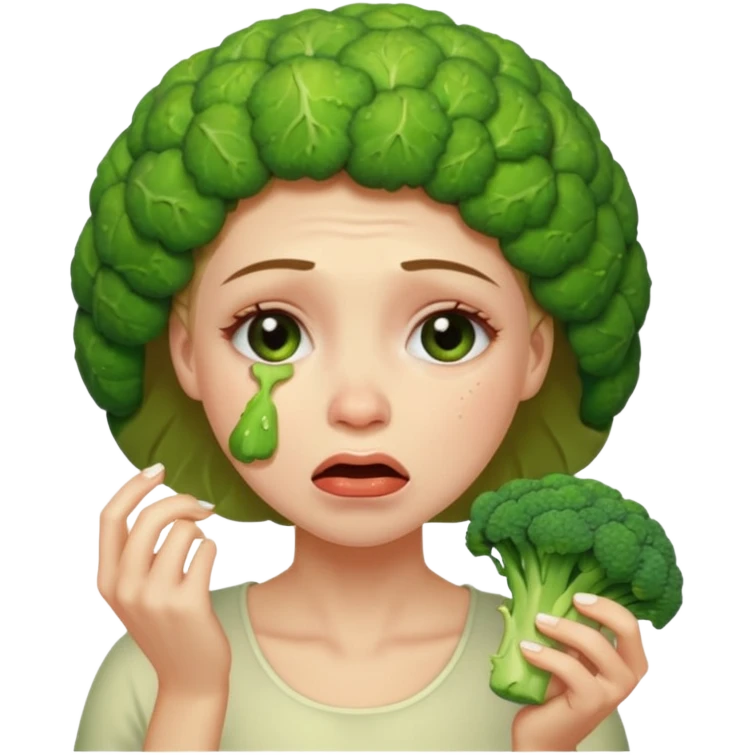 Woman crying eating broccoli emoji