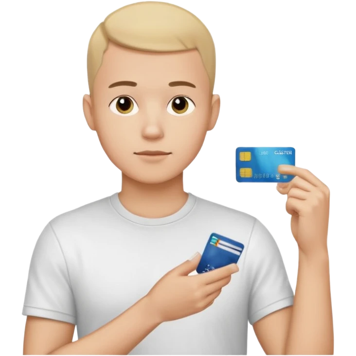 a 25 year old man thinking whit his hand forming an l shape on his chin whit short buzz cut hair whit a white t shirt and holding a credit card in his left hand make shure the card is medium sized so you can see it from a far make shure the caracther is big and a yellow background emoji