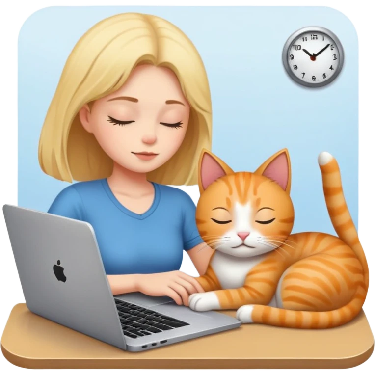 A girl works on a laptop with a cat sleeping next to it emoji