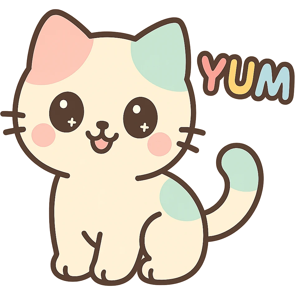 cute Chinese-style kitten, playful and charming, with the word 'yum' in vibrant colors, suitable for an emoji or sticker emoji