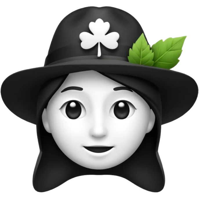 créer un emoji farfadet en noir et blanc, en traçant que les contours, sans pot de pièces dans la main et avec un trèfle à 4 feuilles sur le chapeau emoji