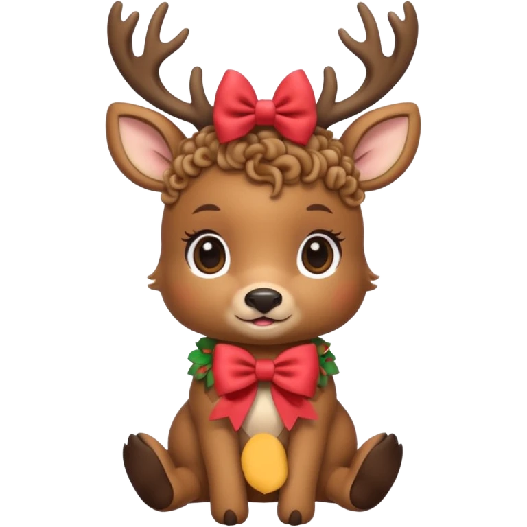 cute deer with curly fur, sitting down, wearing a bow on its head. emoji