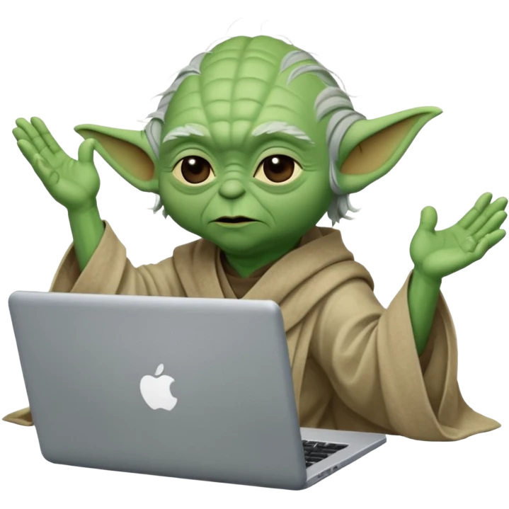 Yoda behind a laptop with his arm in the air. emoji