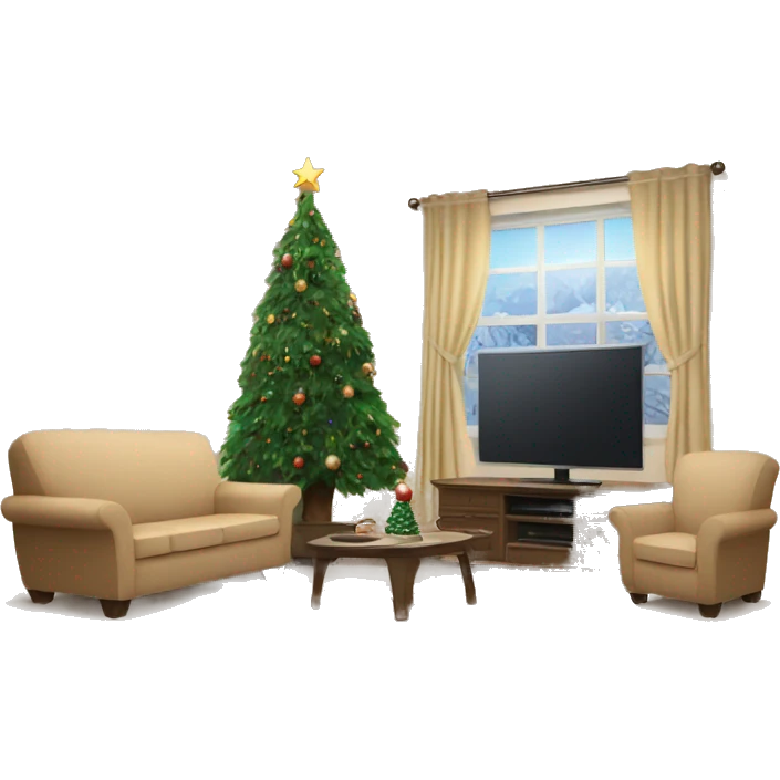 living room with christmas tree and a beige sofa and a tv emoji