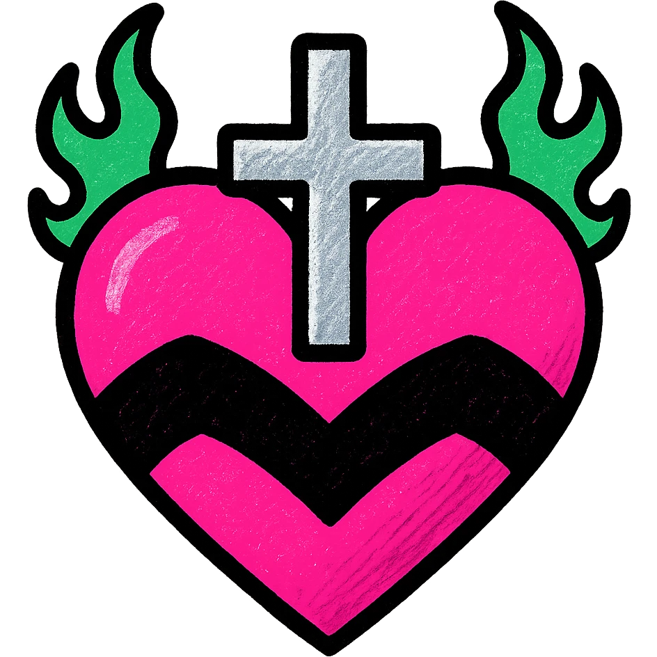 gothic heart with a silver cross, pink and black colors, pop colors style emoji