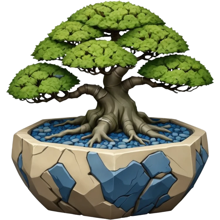 Singapore very old broken intricate Stone Age rocky-crusted dodecahedron-shaped shallow dark moss rough bark blue maple tree bonsai pot emoji