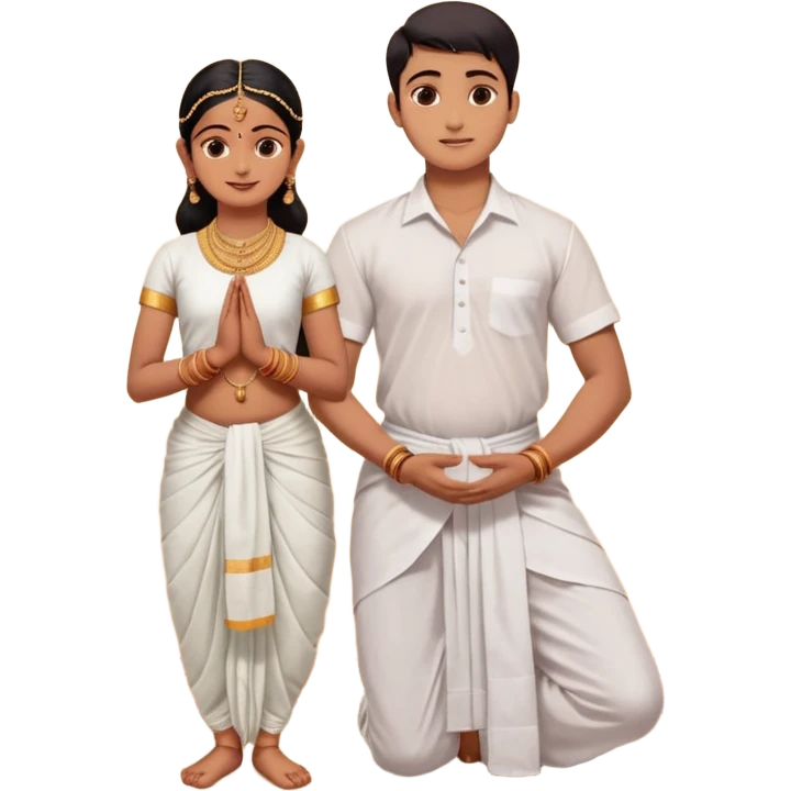 31 years young and small Brahmin boy with traditional formal cotton shirt and cotton lungi is pleasent peaceful thankful to 18 years young and fat and tall Brahmin girl with the complete decoration of bharatanatyam as godess lakshmi devi. emoji