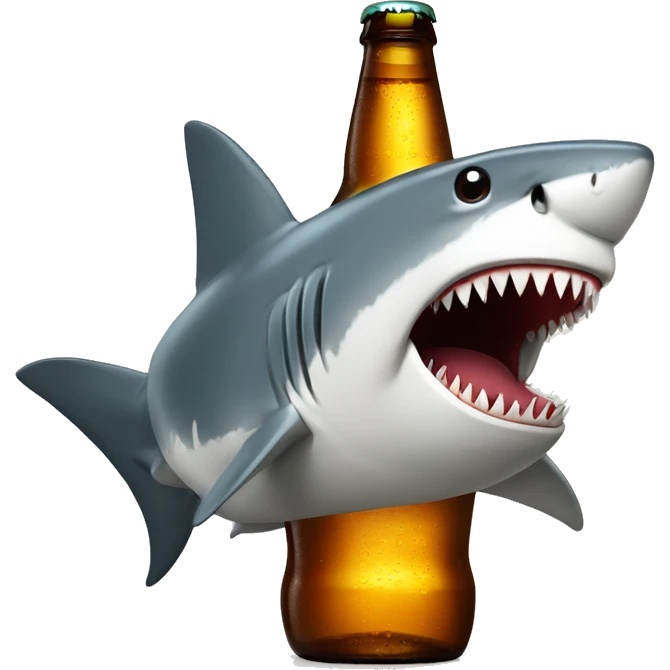 Shark opening large beer bottle with teeth emoji