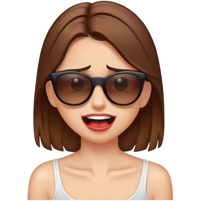 White girl with brown hair wearing sunglasses in pain emoji