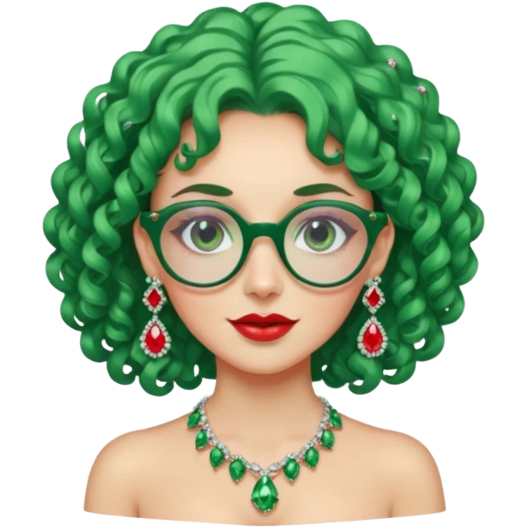 gem lover woman with gem accessories excessive amount gem glassess very big gem earrings green curly hair and red diamonds emoji