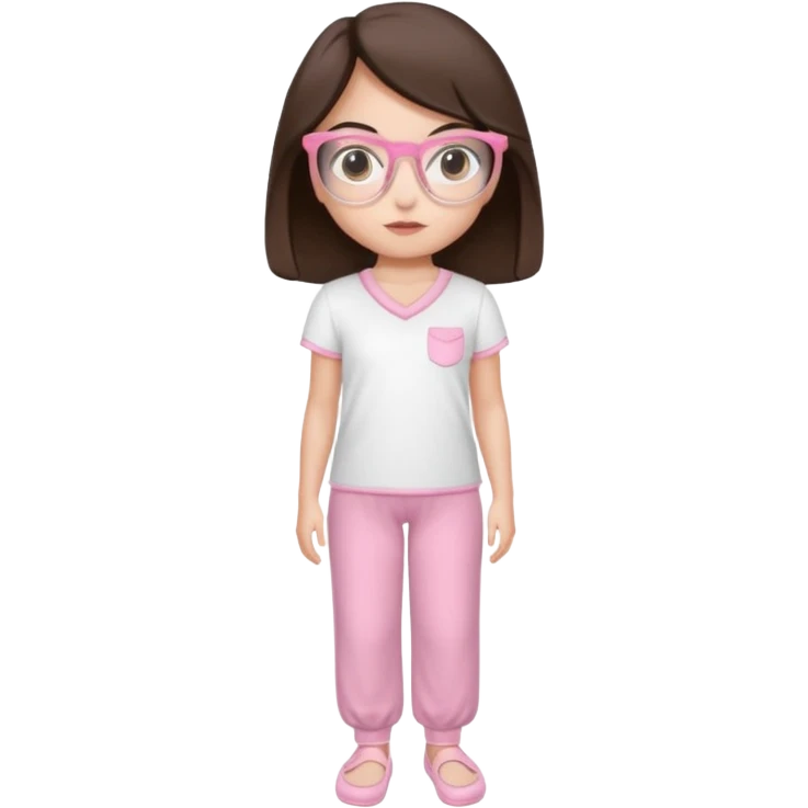 Girl with dark brown hair, light skin, brown eyes, wearing a miu miu glasses the brown ones, and wearing a top in white with a pair of pyjama pants in pink and a slipper in white  emoji