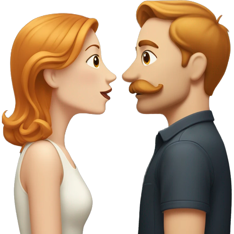 Shorter Redhead woman kissing taller blondish hair man with a mustache emoji