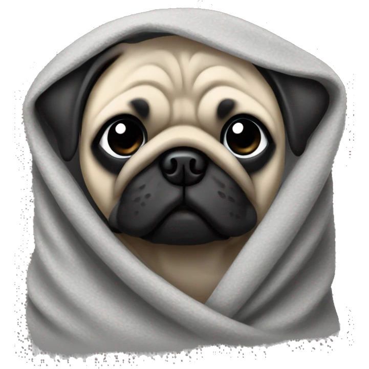 A beige pug with a black nose in a gray blanket. emoji