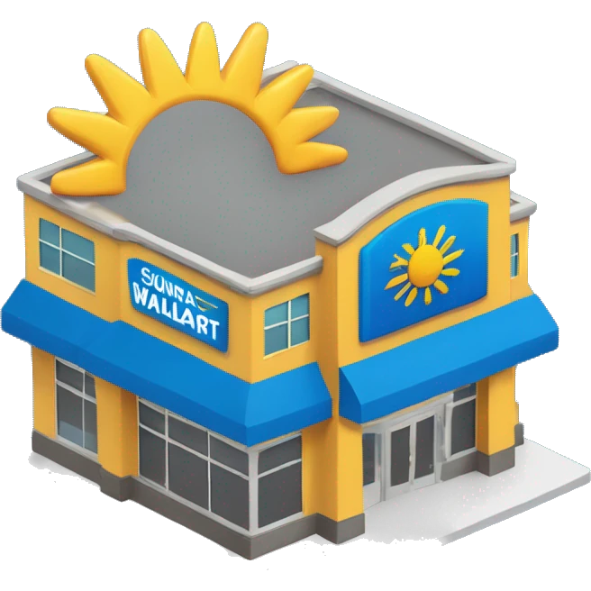 “Walmart store with a simple, recognizable design, featuring the iconic sunburst logo, blue and yellow color scheme, and storefront details that convey a large retail environment.” emoji