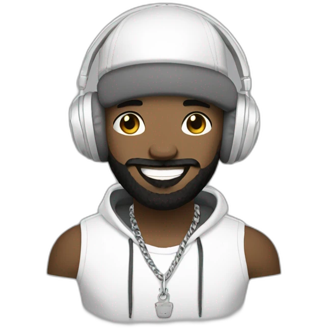 rapper-with hoop-white skin-black hair-beard-bichon dog-white-smile emoji
