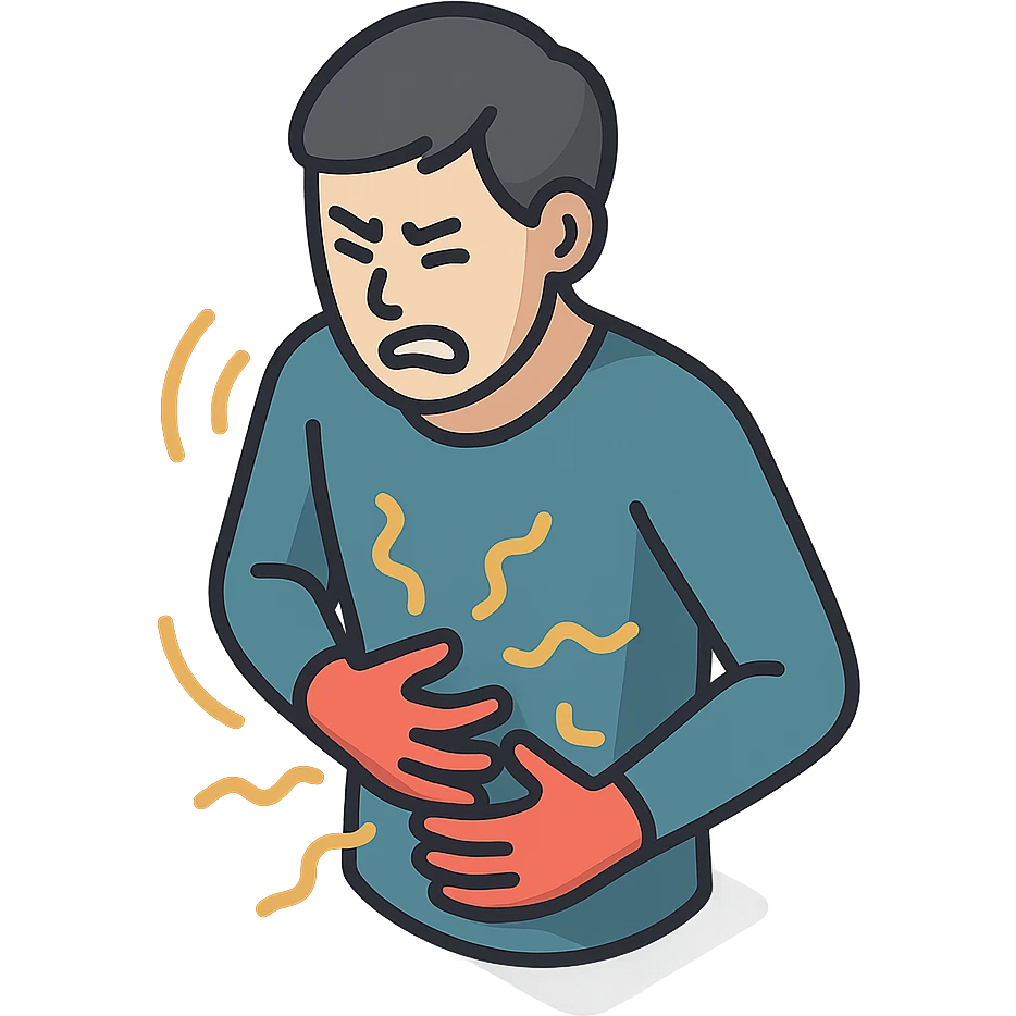 A half-body figure holding their stomach, writhing in pain with waves of pain around them, in 2d-isometric style with shadows and highlights. Focus on torso, stomach, arms, and expression of pain. Variant similar to the second in the previous series but with different arm positions and varying intensity of pain waves. Transparent background. emoji