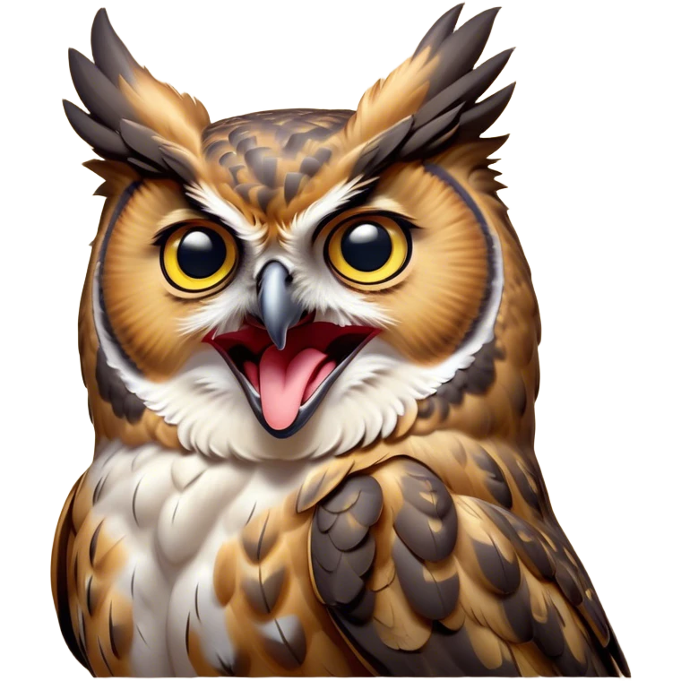 Cinematic Cute Yawning Great Horned Owl Portrait Emoji, Head tilted slightly with a dramatic, wide-open yawn, showcasing a soft, downy mottled plumage with gently drooping feathers, round golden eyes barely open in drowsy contentment, Simplified yet irresistibly adorable features, highly detailed, glowing with a soft, cozy glow, high shine, relaxed yet expressive, stylized with a touch of nocturnal whimsy, bright and endearing, soft glowing outline, capturing the essence of a sleepy yet affectionate owl, so drowsy it feels like it could glide out of the screen and curl up for a nap! emoji