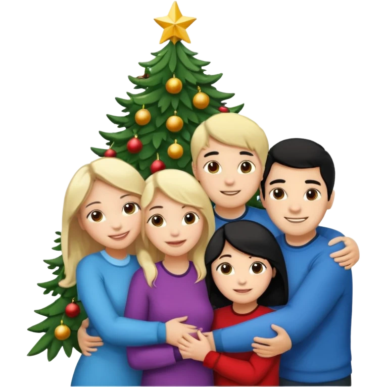 Generate Christmas-style emojis  family. Where light-skinned people stand near the tree all together, hugging and smiling.  girl should be Light-haired woman, woman, black-haired woman, and 1 man . Add 4 people: Mother, Sister, Sister, Brother  emoji