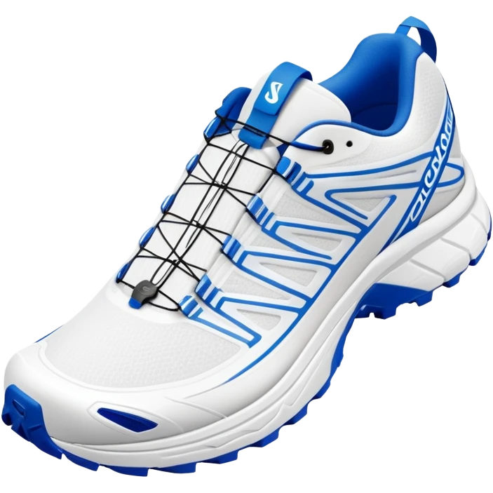 Minimalist white Salomon XT-6 shoes with only a blue colored line running through the middle, one shoe positioned behind the other, pure white everywhere else, iOS emoji style emoji