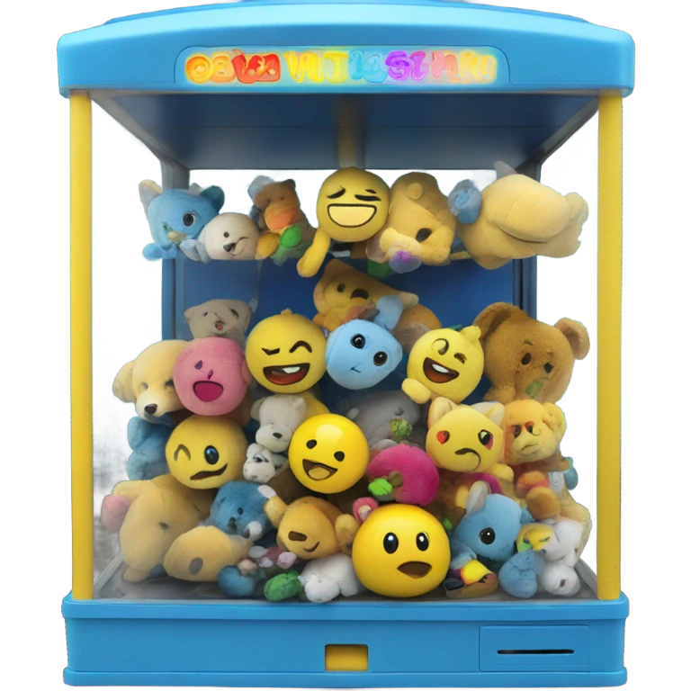 A blue and yellow claw machine with plush toys inside emoji