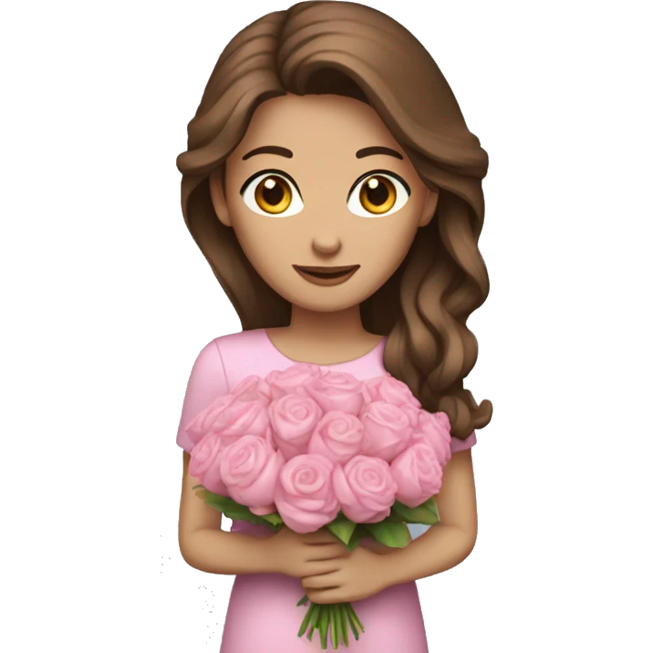 Woman brown hair blue eyes with pink bouquet  emoji