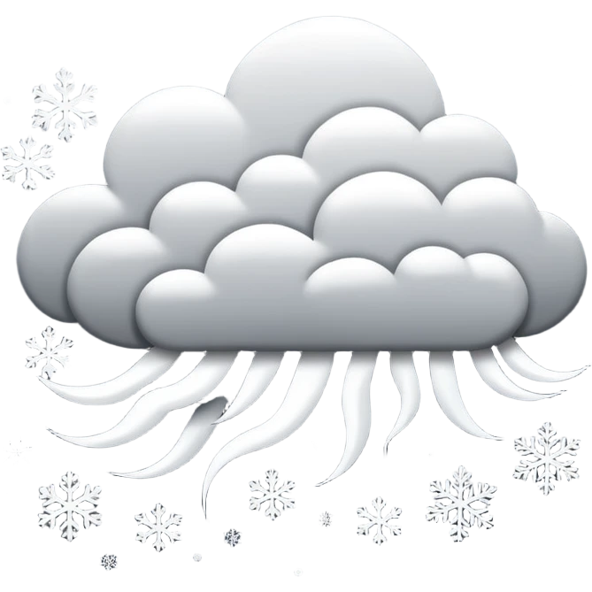 A powerful blizzard emoji icon: storm cloud with heavy swirling snow, strong wind lines, flying snowflakes, dynamic motion. White and gray tones, bold but simple shapes. emoji