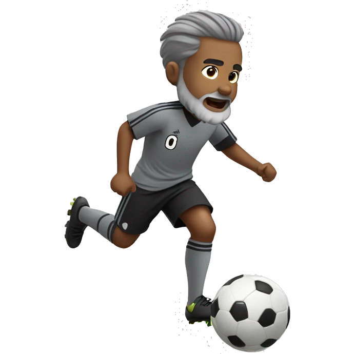small boy in gray soccer uniform and black shorts with gray beard  and hair kicking a soccer ball emoji