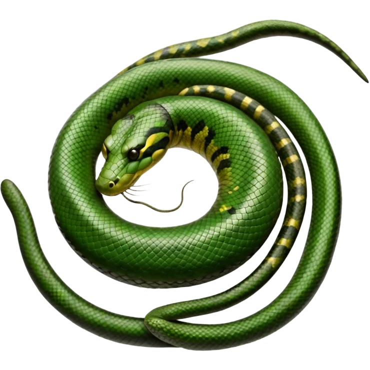 A photo-realistic top-down view of a Green Anaconda tightly coiled in a spiral, with its broad, flat head resting at the center. Its thick, muscular body is olive-green and covered in symmetrical, bold black oval spots that stand out against its smooth scales, creating striking natural camouflage. emoji