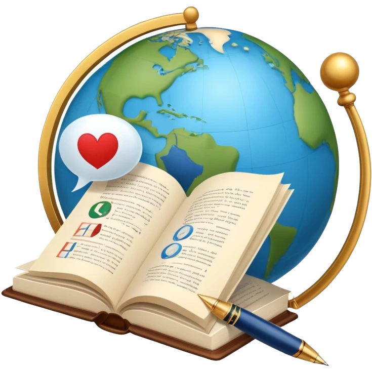 An icon featuring an open book, a speech bubble, and a pen, symbolizing philology and linguistics. The design includes a globe with language characters and grammar symbols, representing the study of languages and literature. Transparent background highlights language analysis. emoji