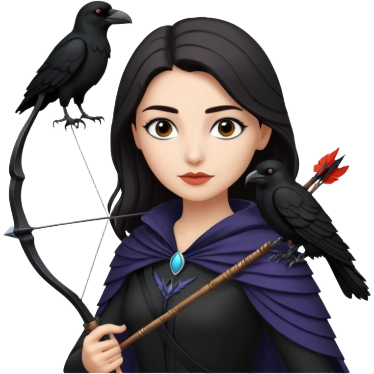 Alysanne Blackwood from Game of Thrones. She is known as black aly and is the Wife of Cregan Stark. I have her looking like Hande Erçel. Show her with a raven and a bow and arrow emoji