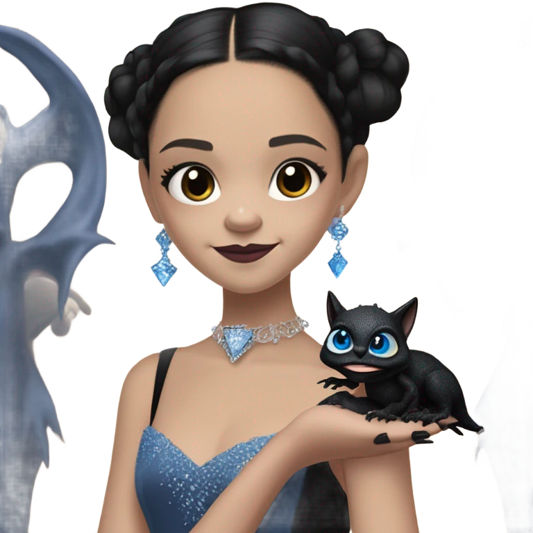 relaxed low-cut back silky black evening ball gown with lace gloves, Jenna Ortega as Wednesday Addams wearing a mini diamond tiara showing off a cute blue horned dragon hand puppet emoji