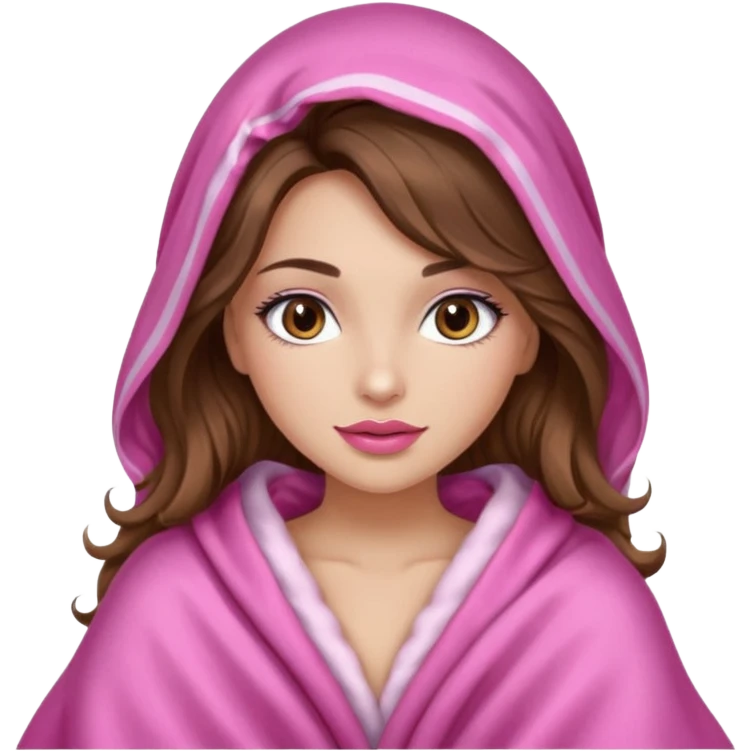 girl with long wavy brown hair, brown eyes, long lashes makeup, sexy pink lips, light to medium complexion, wearing a pink sexy silk top, big blanket over the head cozy holding a cat, remove the cat ears on the hood emoji