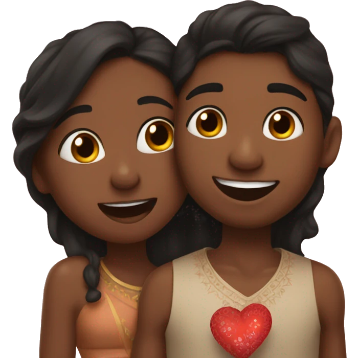 brown skin black girl kissing indian boy on the cheek with hearts around them emoji