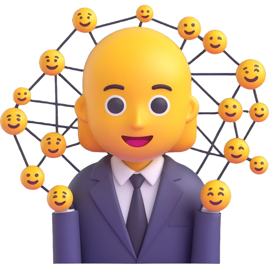 network marketing professional, 3D emoji style, businessperson with network symbols, glossy and expressive emoji