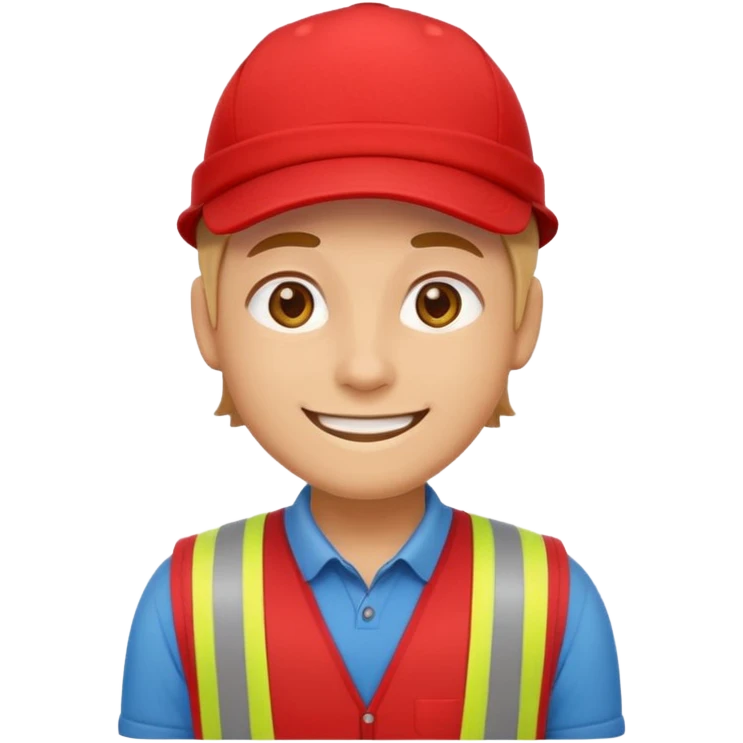 friendly emoji-style character of a store worker in a red vest and red cap, smiling gently, standing neutrally, flat vector, minimal, front view, no text or logos emoji