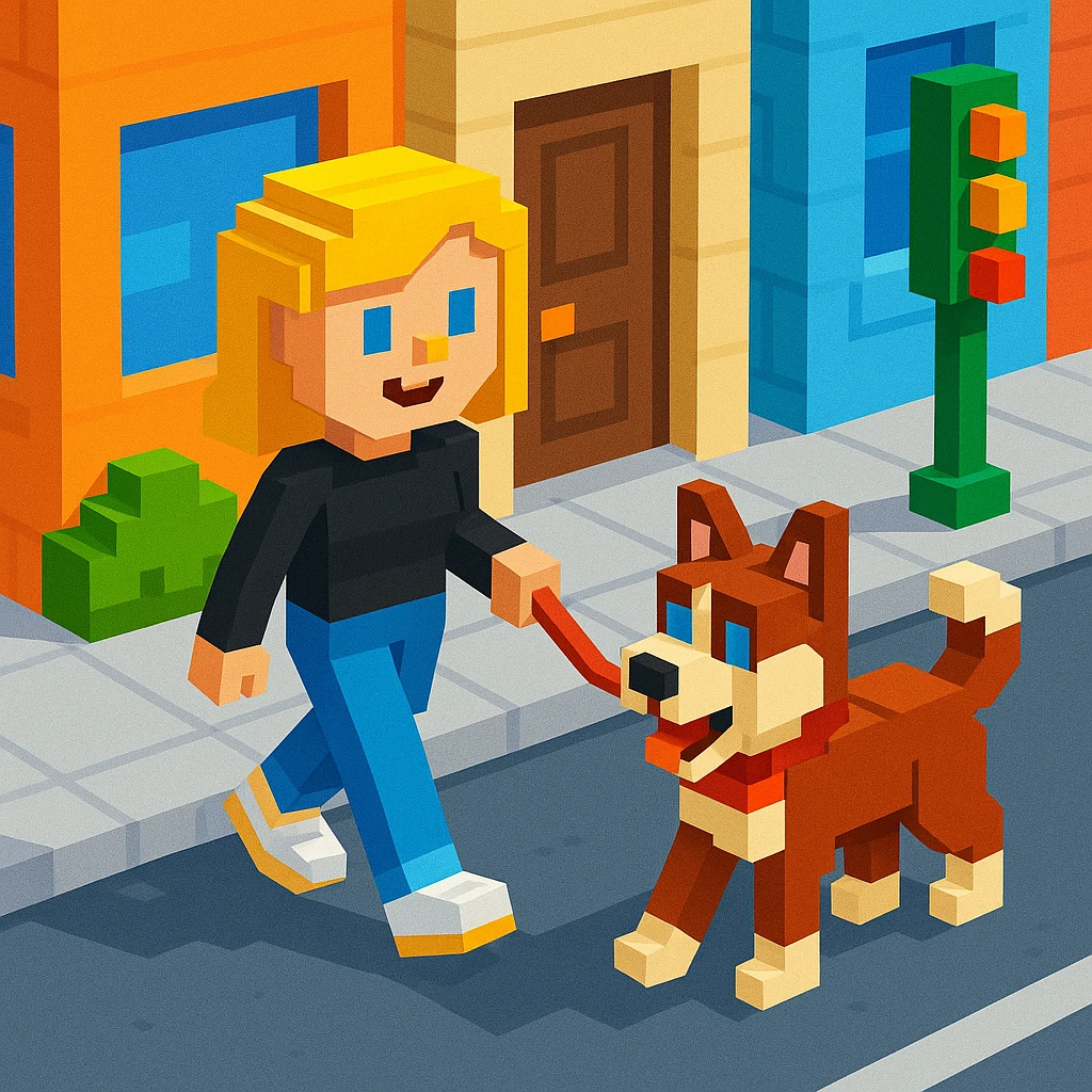 Cute Blonde woman wearing a black sweater and jeans and white sneakers walking a happy red-brown blue-eyed Siberian husky in New York City on an upper east side city sidewalk  emoji