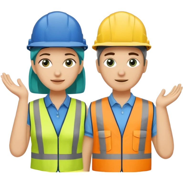 Um homem e uma mulher amarelos com capacete de obras ambos azul escuro e camisa social cinza com faixas refletivas verdes nos braços, Um deles deve estar segurando um megafone de avisos emoji