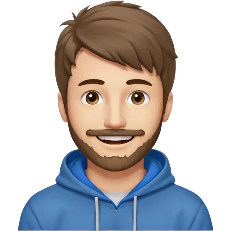 25 year old man, short scruffy beard and thin moustache, brown puffy mullet, blue eyes, big smile, white teeth, big lips, pronounced jaw, hair longer in back, sticking up on top, thin face, grey hooded sweatshirt emoji