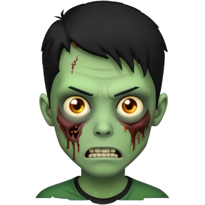 Zombie Emoji AppleIOS Style, lowfade Black Hair, and Black T-shirt, Green Skin, normal expression emoji