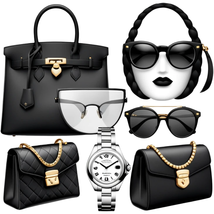 bags and watches, and glasses, all black and white put together like a bundle with no face, all luxury items like lv, prada, and cartier, and rolex, but one of everything not two emoji