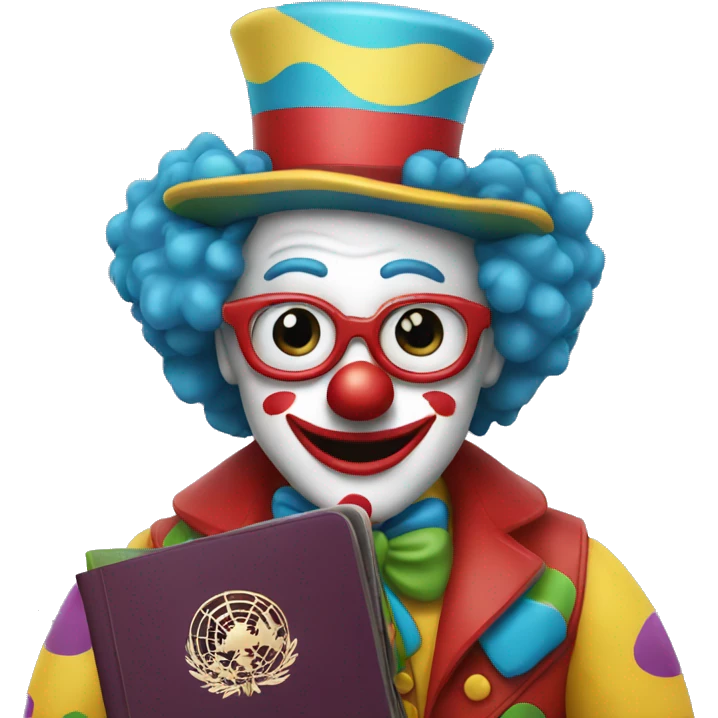 Clown holds a passport emoji