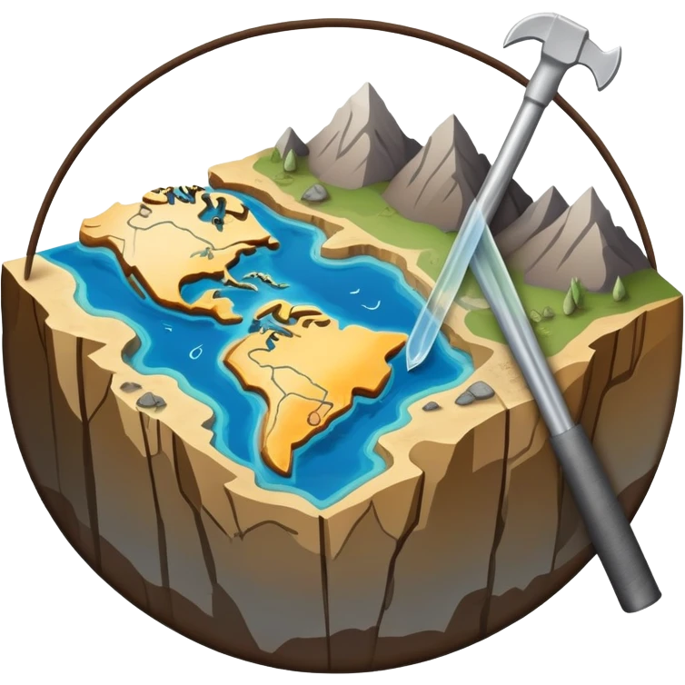 An icon featuring a crowbar and a geological map, and layers of Earth’s crust, symbolizing geology. The design includes mineral samples, fossils, and tectonic plates, representing the study of Earth’s structure and natural processes. Transparent background highlights geological exploration emoji